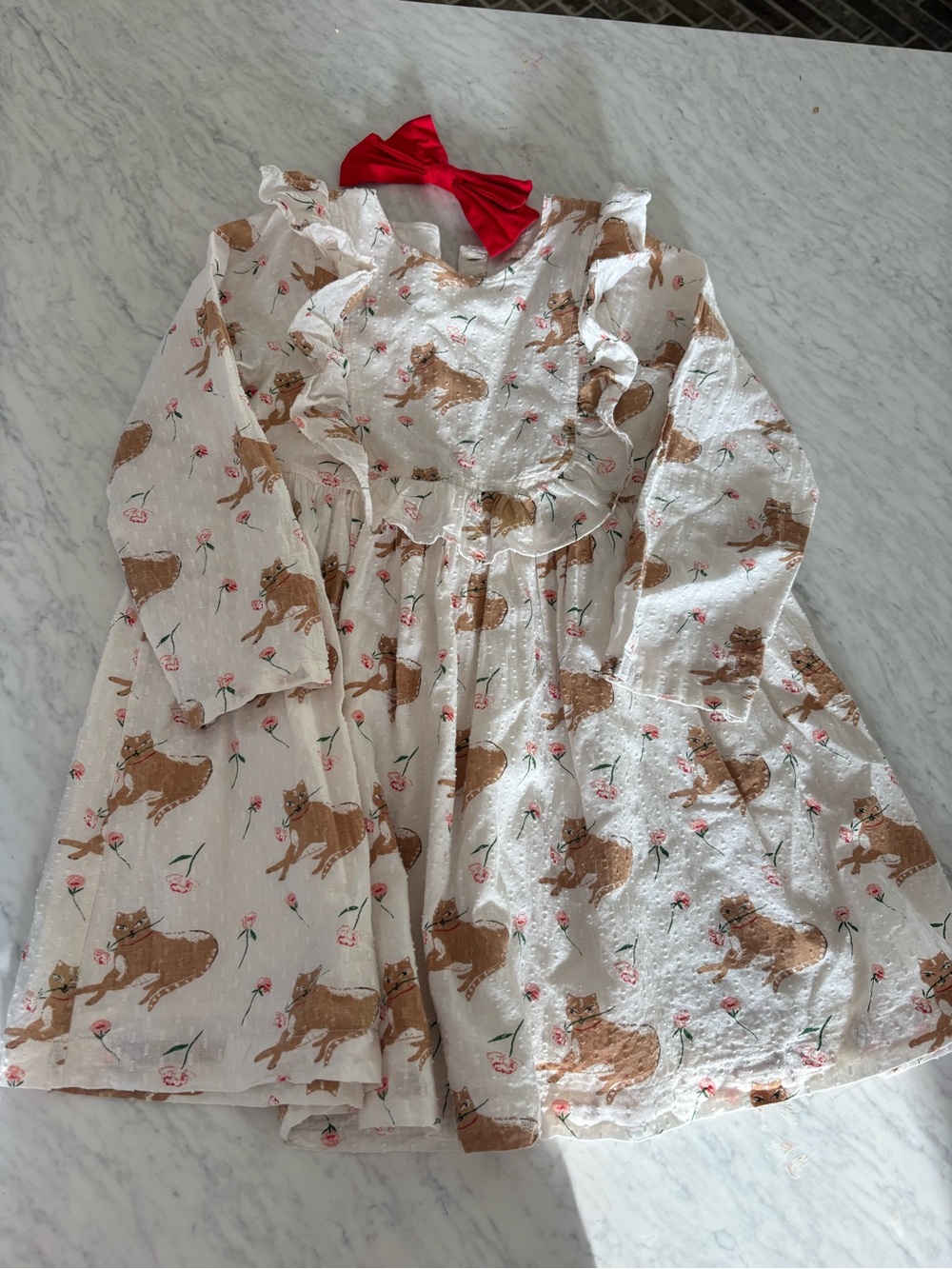 Pink Chicken Cat Floral Print Dress with Red Bow Bundle Size 8